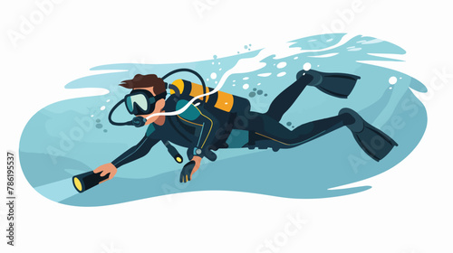 Professional scuba diver man underwater searching 