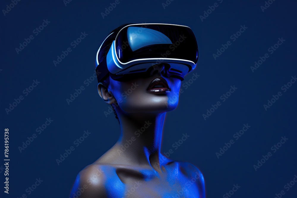 Elegant side view of a woman wearing VR glasses against a deep blue background. Beautiful stylish girl in VR goggles headset. Sleek futuristic banner for virtual reality game, application. Copy space Elegant side view of a woman wearing VR glasses against a deep blue background. Beautiful stylish girl in VR goggles headset. Sleek futuristic banner for virtual reality game, application. Copy space