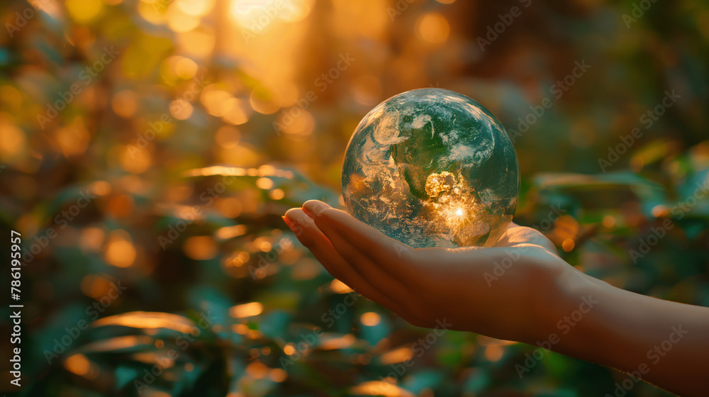 Environment. Green earth ball in hand in green forest background. Ecosystem. Earth Day. Forest conservation. Environment. Green earth ball in hand in green forest background. Ecosystem. Earth Day. Forest conservation.