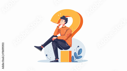 Puzzled business man sitting on a question mark think