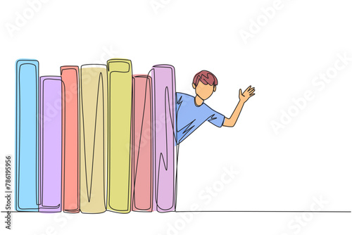Continuous one line drawing man appears from behind a row of books. Invitation to read books at the library. Like to reading a book. Book festival concept. Single line draw design vector illustration