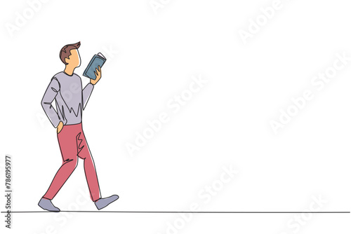 Single continuous line drawing man walking while reading a book. The gesture of memorizing something from a book. Read anywhere. Addicted to reading. Book festival. One line design vector illustration