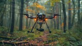 Arthropod drone navigating a lush forest with trees, plants, and grass
