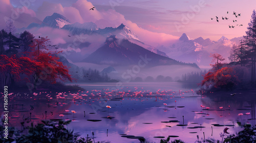 Tranquil Twilight: Digital Painting of Lake with Red Trees and Lotus Flowers photo