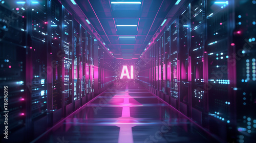 AI Hub: Glowing Text in Digital Data Center Full of Servers