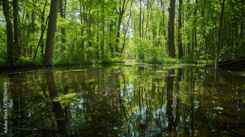 Wetlands and natural carbon sink concept. Wetlands forest with reflections in water. Freshwater wetland. Body of water. Landscape of natural carbon capture. Sustainable Ecosystems