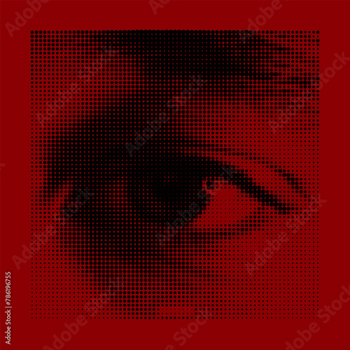 Black and red eye vector graphic design square bg. Human eyeball dots illustration on vibrant background. Man pop art with punk element.