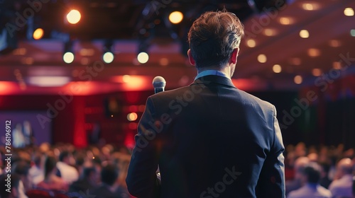 A keynote speaker delivering an inspiring presentation on stage, captivating the audience with insights and expertise at a prestigious corporate event.