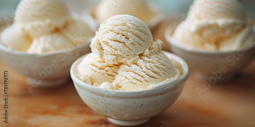 Vanilla ice cream dessert, gelato close up. Sweet food. White creamy icecream on background. 