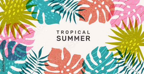 Summer tropical background with palm leaves. Floral exotic hawaiian wallpaper. Modern trendy colorful design. Vector template for card, poster, banner, cover.