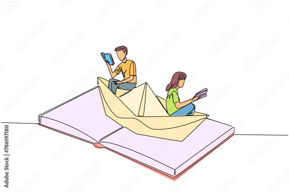 Continuous one line drawing man woman reading book on a paper boat. Maintain the good habits. The metaphor of reading can explore oceans. Book festival concept. Single line design vector illustration