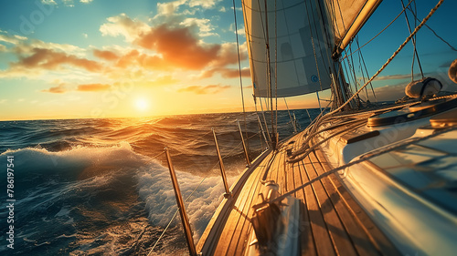 sailing yacht in motion close-up  at sunset walking on the waves  travel and freedom  background copy space