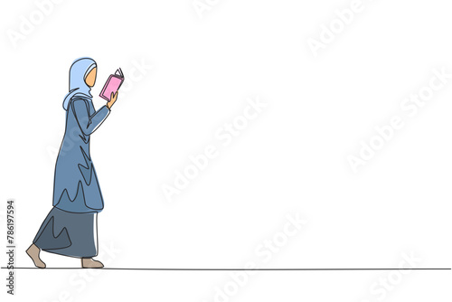 Continuous one line drawing Arab woman walking reading book. Gesture of memorizing something from a book. Read anywhere. Addicted to reading. Book festival. Single line draw design vector illustration