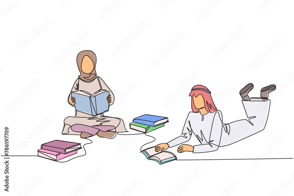 Continuous one line drawing Arabian man woman really likes reading. Everyday one book is read. Good habit. There is no day without reading book. Book festival concept. Single line draw design vector Continuous one line drawing Arabian man woman really likes reading. Everyday one book is read. Good habit. There is no day without reading book. Book festival concept. Single line draw design vector