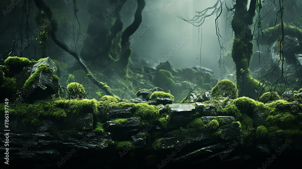 Obraz premium art misty green dense forest, a gloomy dream in the wild thicket of the forest