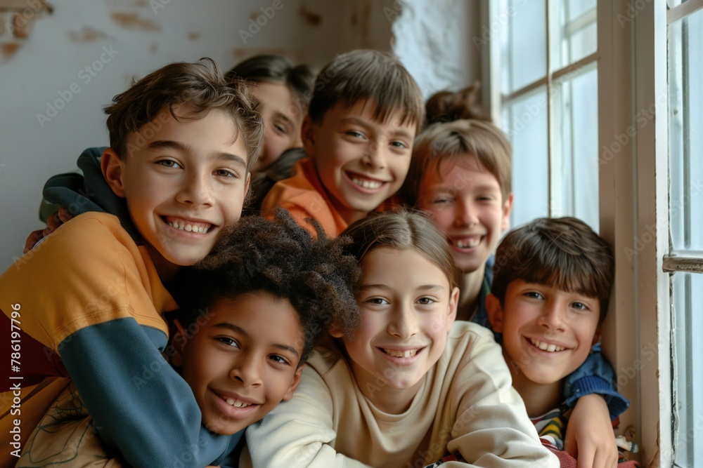 Cheerful diverse school friends having fun together. Banner with group portrait of happy multiethnic teenagers. Multiracial boys and girls sitting on window sill, looking at camera and smiling Cheerful diverse school friends having fun together. Banner with group portrait of happy multiethnic teenagers. Multiracial boys and girls sitting on window sill, looking at camera and smiling