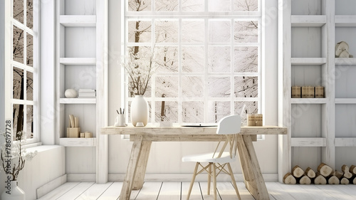 white light interior of a living room, a desk in front of a large panoramic window in design style