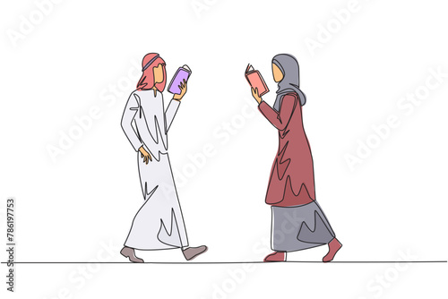 Single continuous line drawing Arab man woman walking face to face reading books. Gesture of memorizing something from a book. Addicted to reading. Book festival. One line design vector illustration
