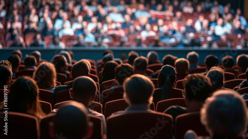 A crowd of people are sitting in a theater watching a movie