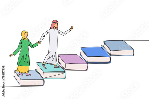 Continuous one line drawing Arab man woman climb stairs from books. Reading increases knowledge which can increase dignity of better life. Book festival concept. Single line design vector illustration
