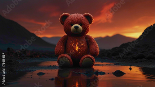 fluffy light color  teady bear background in the abstract night placed on the sofa with abstract dark gradient background behind the fluffy lovely friendly romantic teady bear  photo