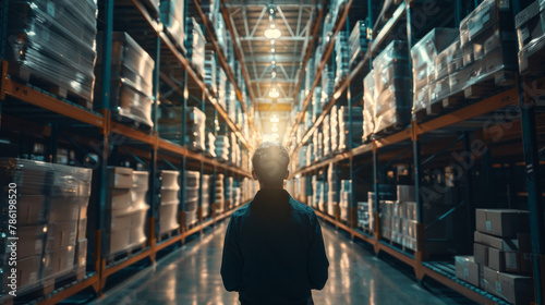 A man stands in a large warehouse with many boxes and shelves