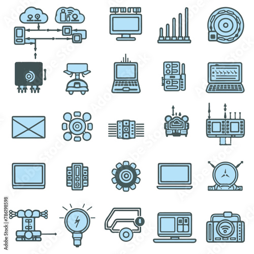 Set of artificial intelligence-AI Vector Line Icons. That Contains such Icons as technology, computer, notebook, cloud, world, sun power objects for editable illustration