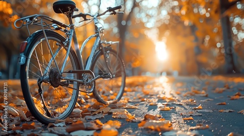 Autumn Sunset Bicycle Detail in Blurred Background for Product Poster and Website