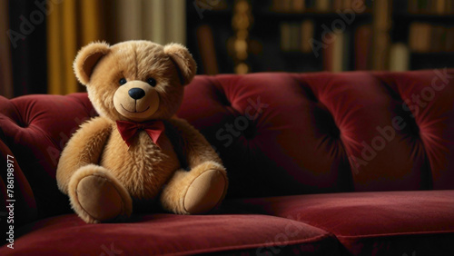 fluffy light color  teady bear background in the abstract night placed on the sofa with abstract dark gradient background behind the fluffy lovely friendly romantic teady bear  photo