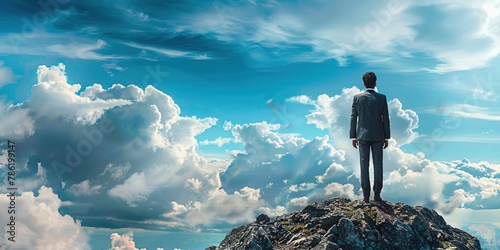Back view of businessman standing on the top of mountain hike over blue sky, sunlight. Man in suit looking forward on the peak. Concept of leadership successful achievement with goal, growth up, win