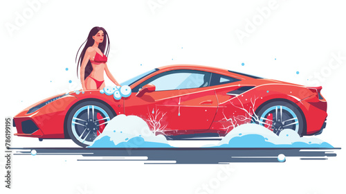Sexy woman in swimsuit washing red sports car