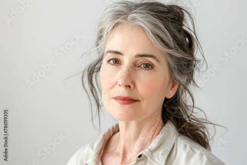 A woman with grey hair and a white shirt
