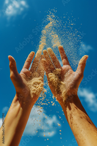 Hands throwing sand against blue sky