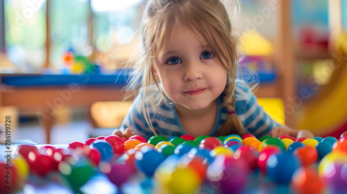 Cute little girl playing with colorful plastic eggs in kindergarten or nursery