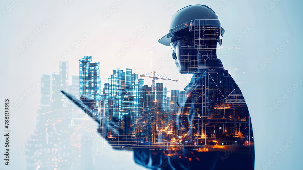 Silhouette of engineer in helmet using digital tablet. Double exposure