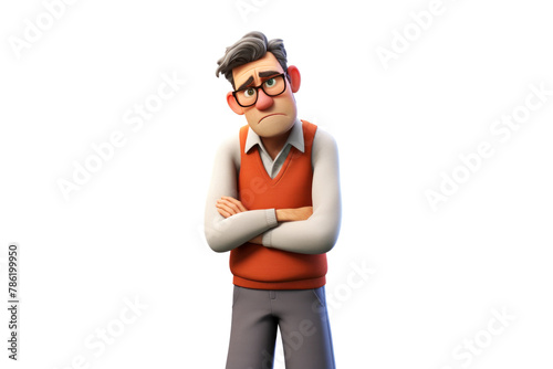 Sad stressed upset cartoon character adult man in glasses person portrait in 3d style design on light background. Human people feelings expression concept