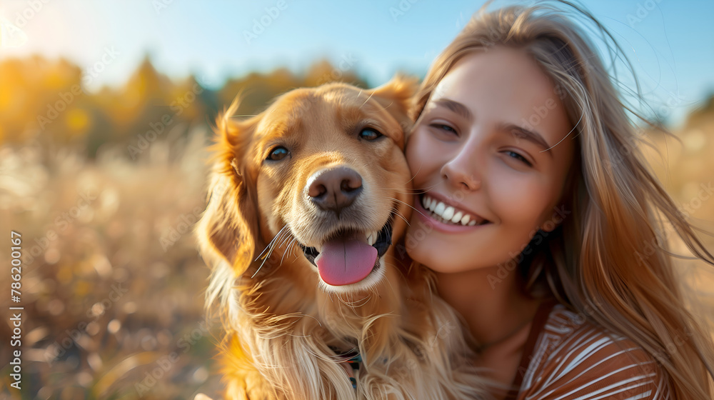 Happy young woman with her dog in the field at sunset. Golden Retriever