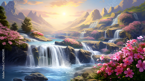 a waterfall in a tropical jungle with flowers a picture-perfect moment a picture-perfect moment on sunny background 