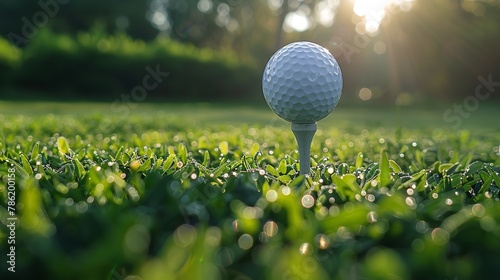 A close shot of a golf ball in ground with a big space for text or sports type product backdrop with a morning sunshine, Generative AI.