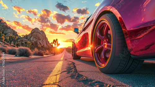 Sports Car Sunset Drive Through Desert Road. © NORN