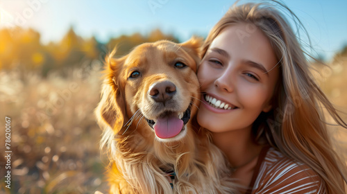 Happy young woman with her dog in the field at sunset. Golden Retriever © Henryz