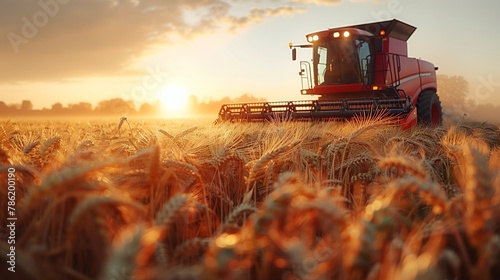 A harvester cutting wheat under a sunset sky in the grassland landscape