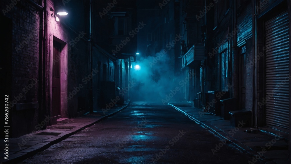 Background of an empty alleyway with smoke and neon light. Dark abstract background.