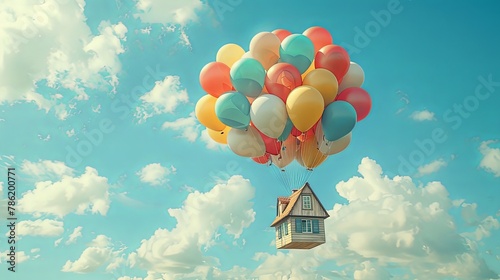 Bunch of balloons flying with house in the sky attatched with string relocating