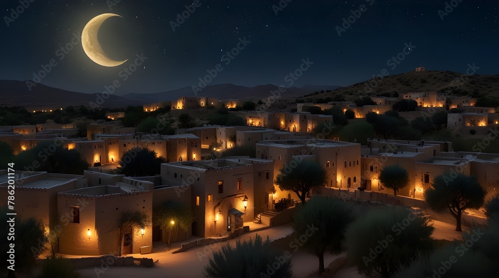 A serene village with lanterns hanging from olive trees under a starry night sky. The crescent moon marks the start of Ramadan.generative.ai 