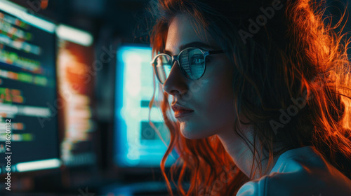 A woman with red hair and glasses is looking at a computer screen