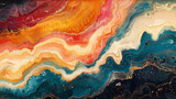 A painting of a colorful wave with gold and blue accents