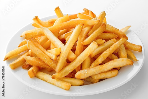 Delicious looking French fries. Salted potato fry in a white bowl on a white isolated background. Pile of frites. Golden homemade deep fried salty french fries serving on a plate. Very good chips