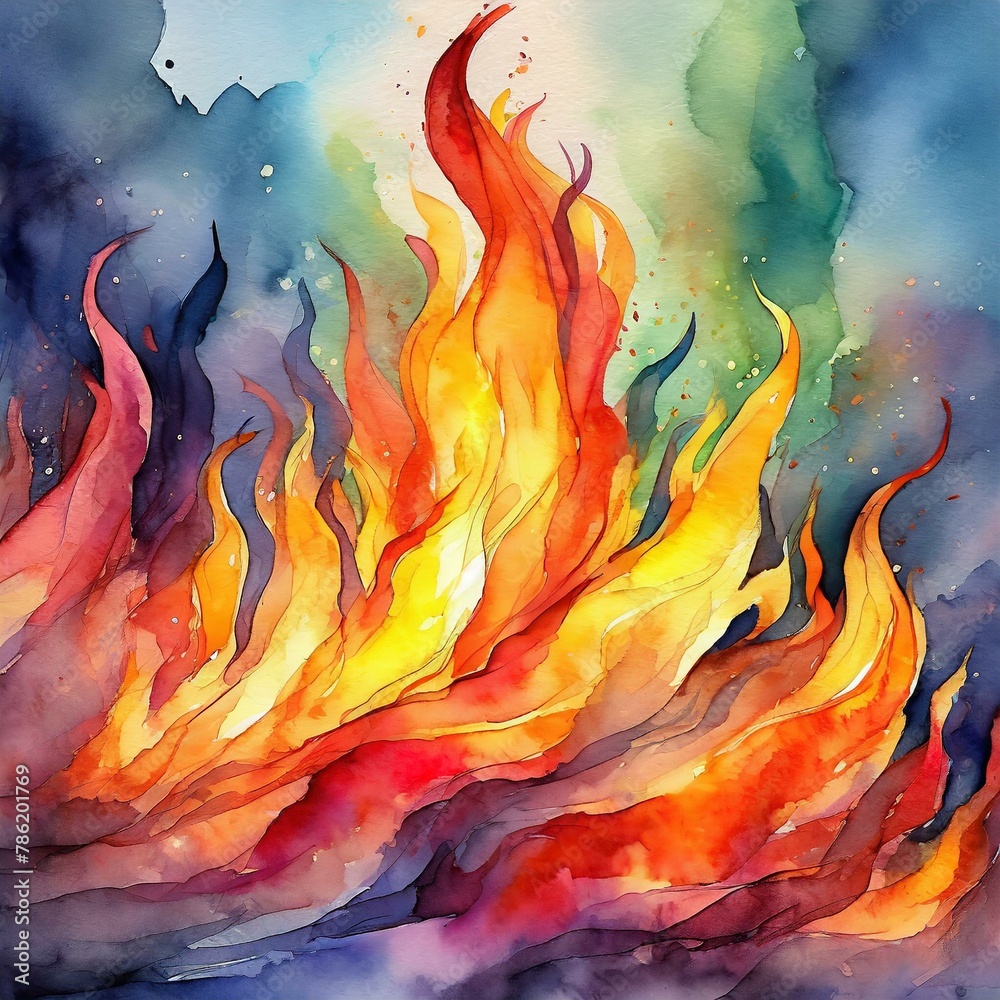 a watercolor illustration of flames with a touch of elegance, blending vibrant hues and delicate strokes to evoke the dynamic energy of fire