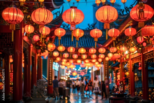A vibrant street scene during the Chinese New Year, with red lanterns and festive decorations. Ai generated